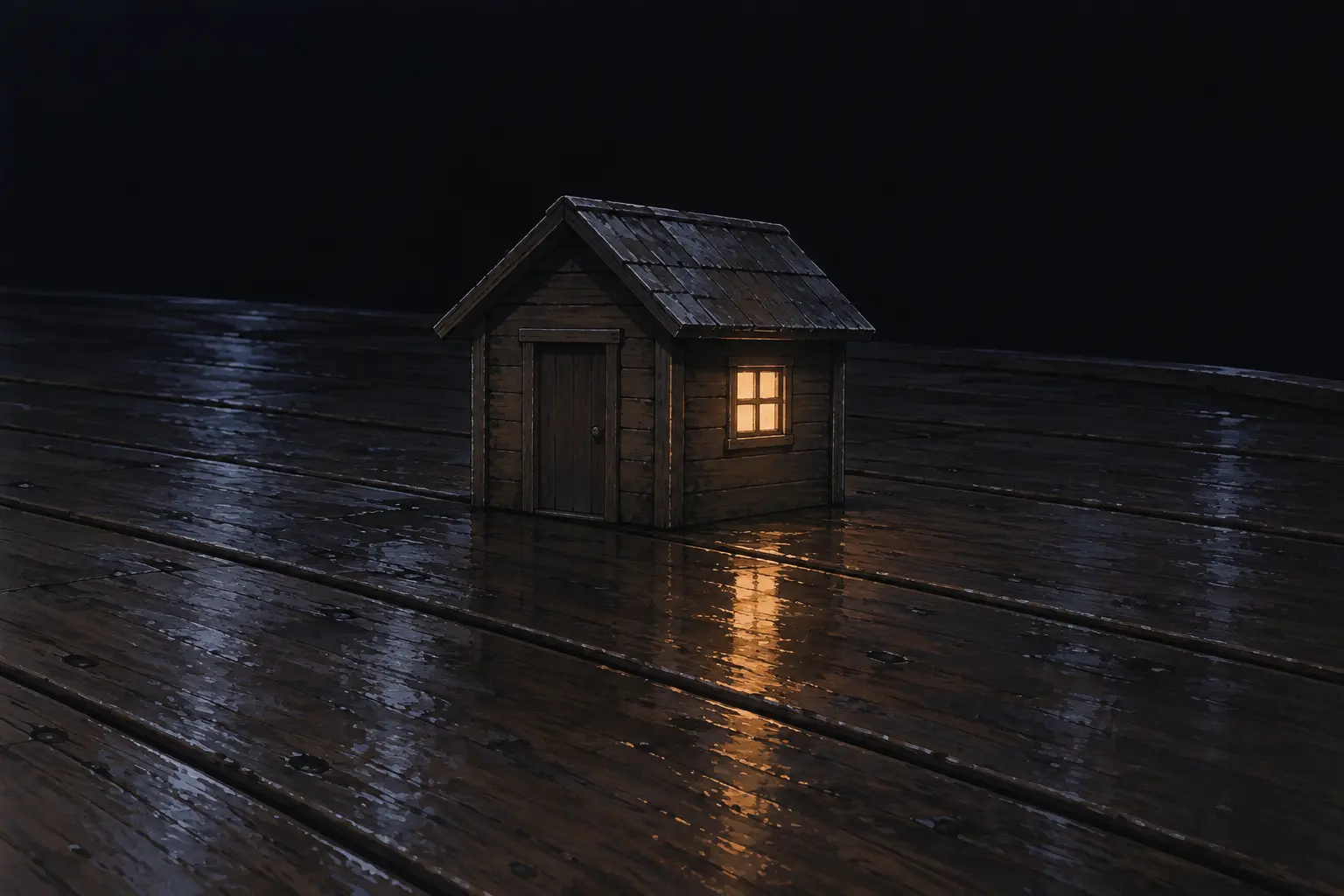 Limited Calypso cabin study · no character depicted Limited Calypso environment study: one miniature cabin with one door and one warm window on a wet wooden deck; the miniature scale, warm glow, and ship-deck placement are source-supported, while the cabin design, rain, darkness, reflections, and deck construction are not established, and no character is depicted