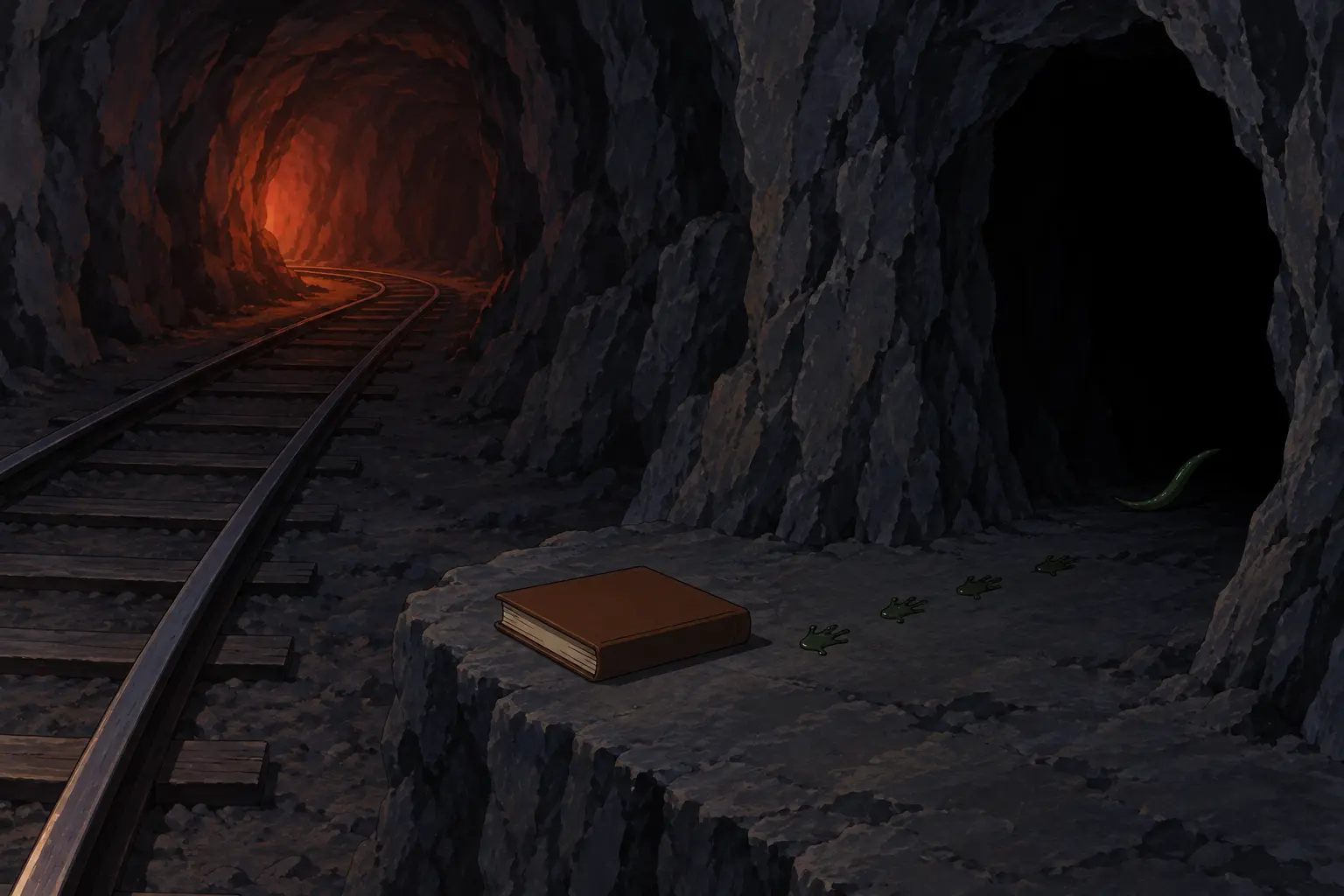 Provisional Clarky clue study · not a character portrait Provisional clue study—not a Clarky portrait: one plain closed book, four small green tracks, and one cropped green tail tip beside mine rails and tunnels; Clarky fetching Isilrod’s book is source-supported, but the tail, tracks, book, mine layout, lighting, and staging are not definitive, and no other companion is depicted