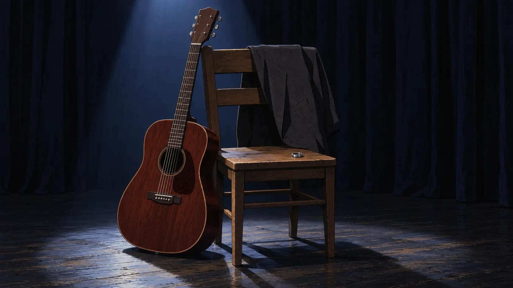 Eoin Cooper Eoin Cooper's rosewood guitar, charcoal jacket, and single ring beneath an empty spotlight