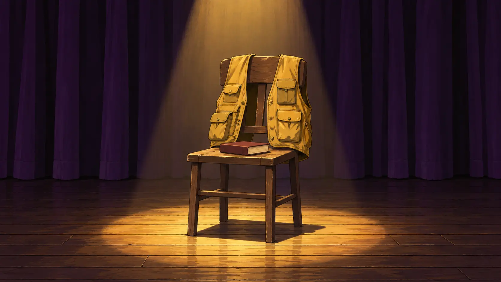 Gus Galloway Gus Galloway's many-pocketed yellow vest and closed book beneath an empty golden spotlight