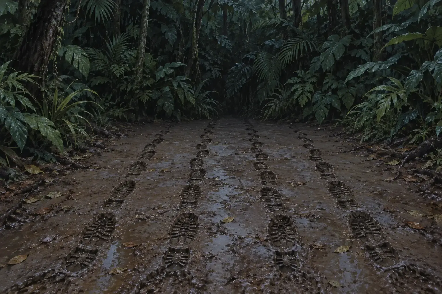 Context illustration · four-member Legendary Chult Expedition Context illustration: exactly four parallel boot trails represent the four-member Legendary Chult Expedition; no NPC is depicted