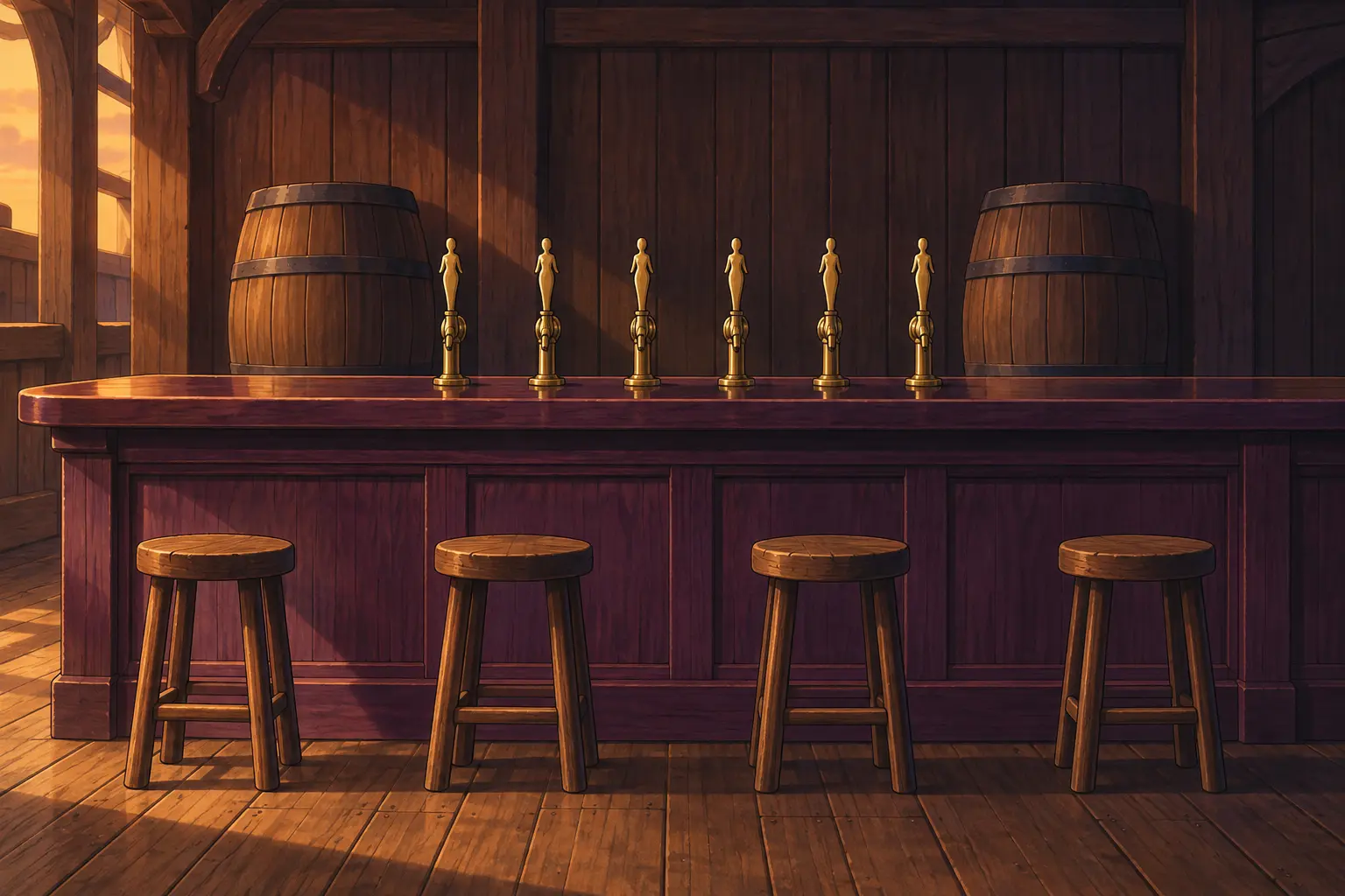 Documented outcome context · Session 8 events not depicted Documented outcome context: the audited person-free six-tap purpleheart meadery later operated aboard the Milk Maiden’s Voyage; the Session 8 sewers, cottage, contract, party, jungle guide, gifts, tattoos, and departure are not depicted