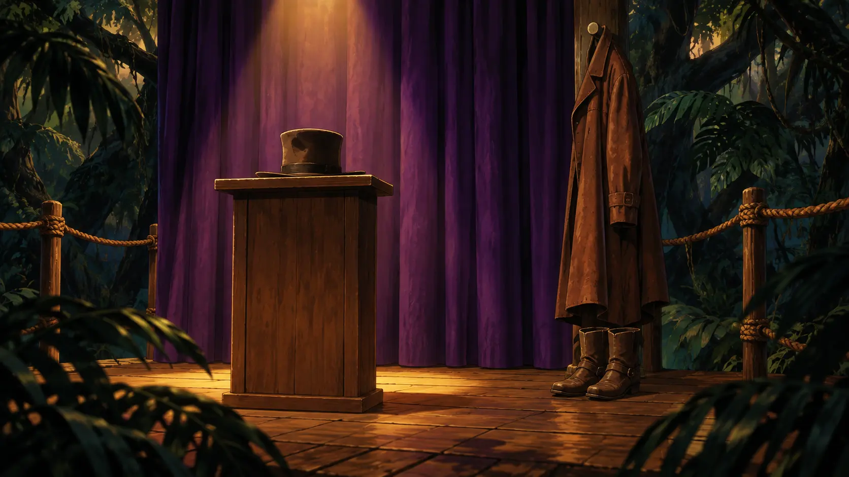 Provisional prop scene: a broad top hat, brown duster, and boots beside the empty host's podium; Old Tin Top remains off-frame