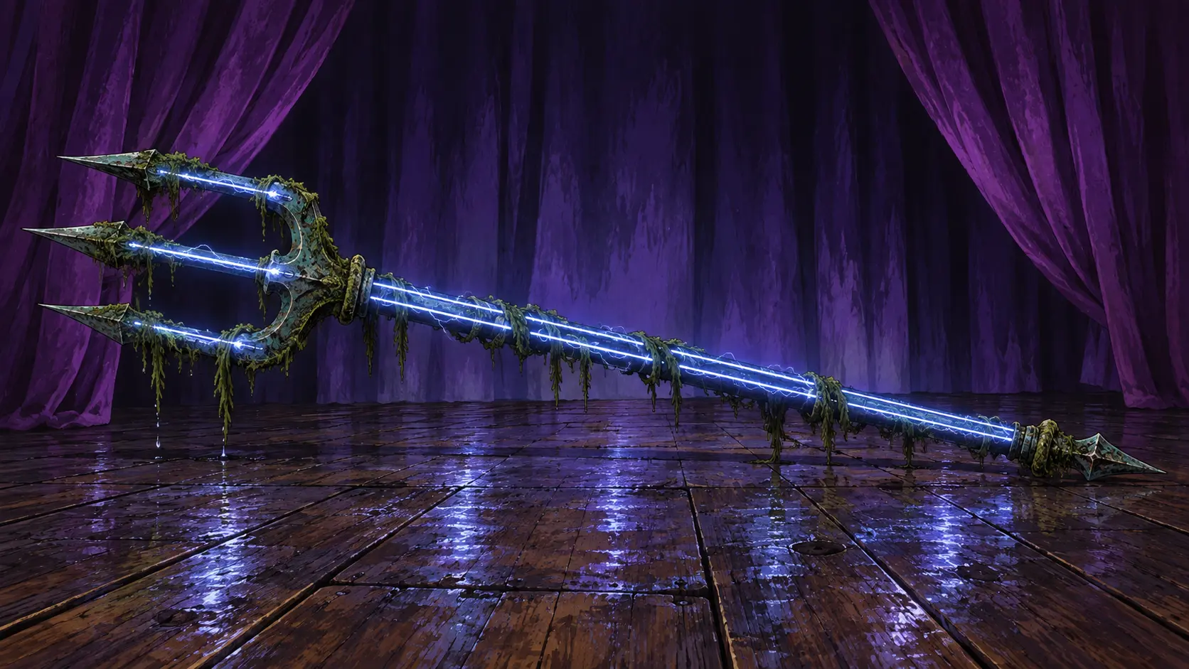 Raif Bright-fin Raif Bright-fin's moss-covered lightning-strung trident resting on the empty Night Song stage