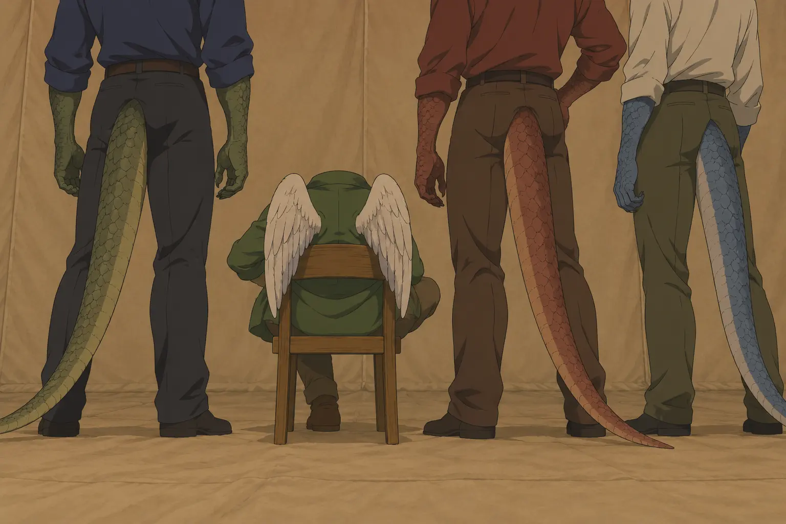 Provisional context study: four back-view figures—one small seated winged figure and exactly three standing tailed lizardfolk—inside a plain canvas tent; Session 7 supports Sebulba with three finely dressed lizardfolk, but their bodies, clothing, wing and tail designs, colors, chair, tent, and staging are not definitive, and no face is shown