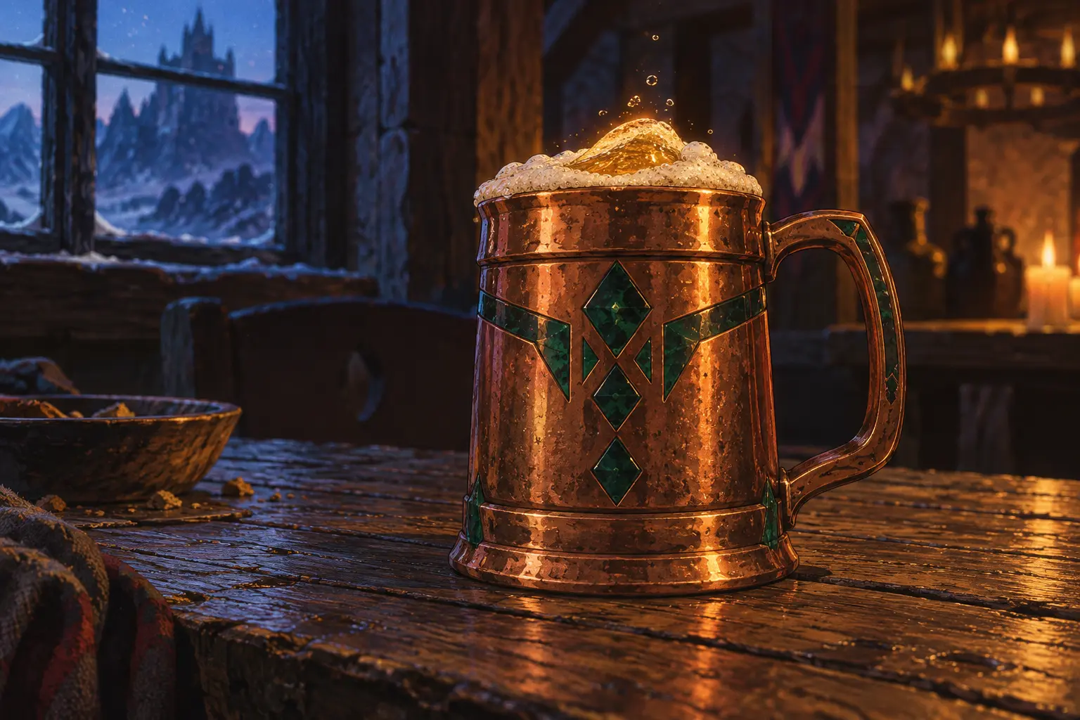 Limited mug study · exact design and setting not established Limited item study: one copper mug with green inlays and foaming golden liquid on a tavern table; copper-and-jade construction and self-refilling function are source-supported, while the exact vessel, inlay pattern, liquid, overflow, tavern, snowy view, furnishings, and lighting are not established, and no holder is depicted