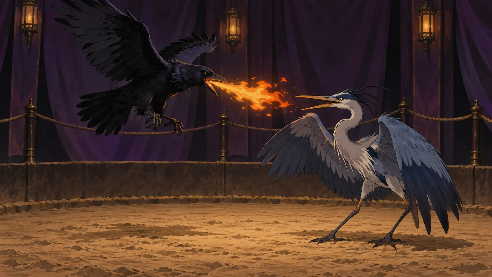 Provisional bird-fight close-up: one black raven breathes fire toward one great blue heron in a lantern-lit sand pit; spectators, announcers, betting animals, other birds, injuries, outcome, and definitive arena or bird appearance are not depicted