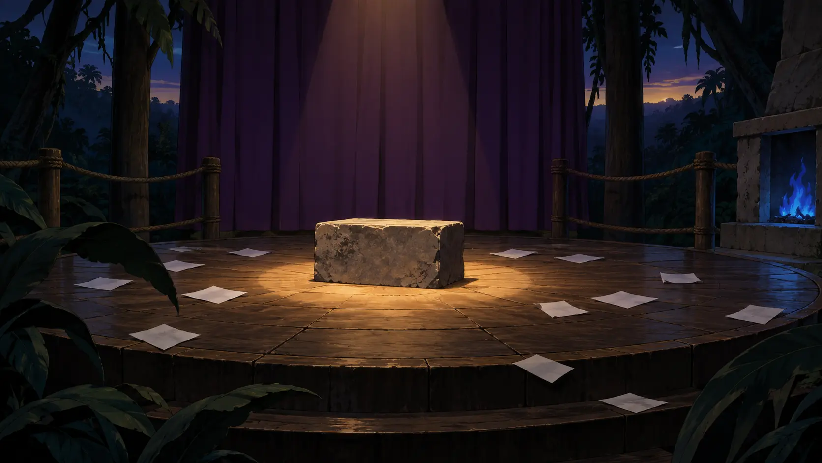 Provisional Session 11 aftermath · no people depicted Provisional Night Song aftermath study: an empty circular stage at dawn with one central block, scattered blank sheets, purple curtains, rope barriers, and one blue-flame fireplace; performers, audience, Isilrod's name, ballot text, and definitive stage or Block design are not depicted