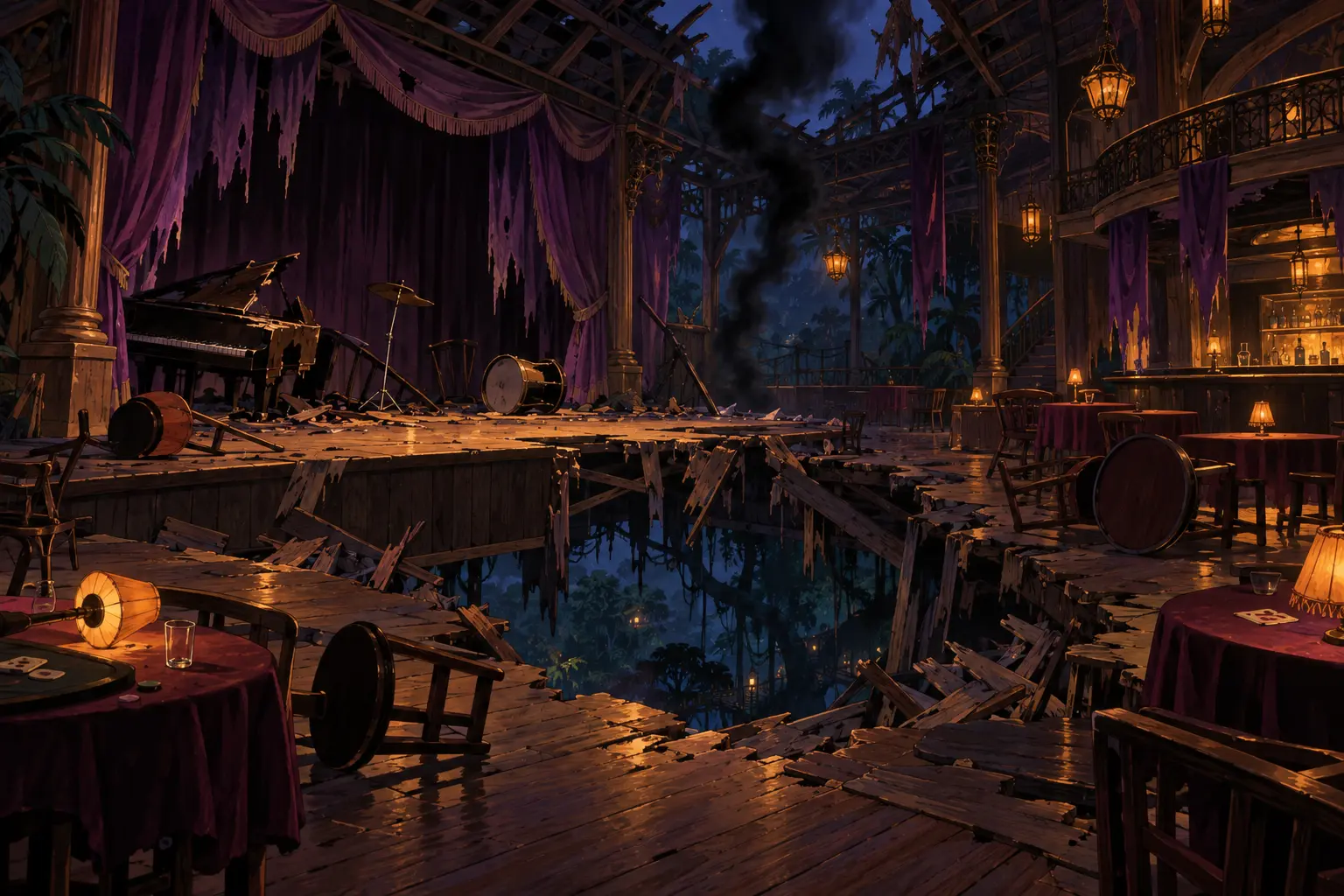 Provisional Session 12 aftermath · no people or creatures depicted Provisional Old Tin Top's aftermath study: an empty damaged music hall with purple curtains, tables, chairs, instruments, and one column of black smoke; Vesper, Jacques, Isolde, the party, possessed creatures, casualties, and definitive venue design are not depicted