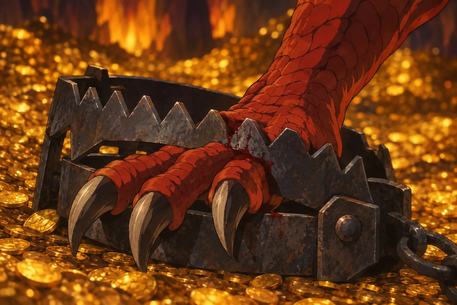 Verified Session 14 trap close-up · wider battle not depicted Close-up of one red-dragon foreclaw caught in the party's oversized metal trap amid the documented Wyrmheart hoard; Siegfried's face, the party, living lightning, and the wider battle are not depicted