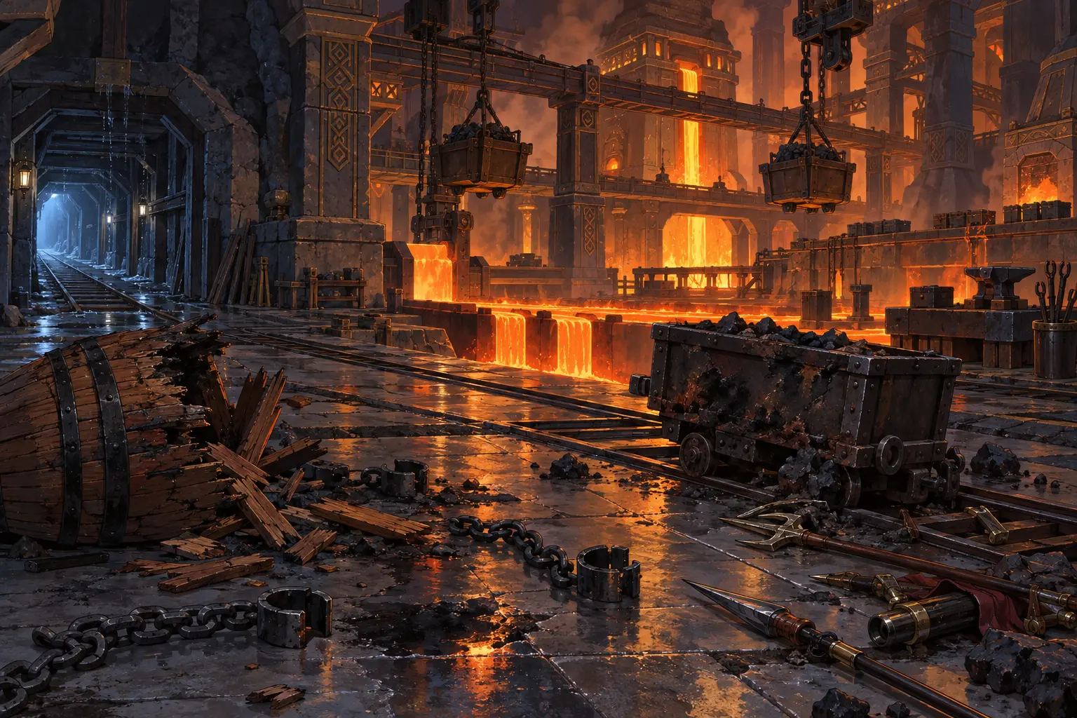 Provisional Session 15 forge setting · no people or creatures depicted Provisional Hrakhamar forge study: an empty magma workshop with rails, one minecart, overhead hoists, two ore buckets, workbenches, an anvil, tools, chains, debris, and magma channels; the party, firenewts, dwarves, TNT carrier, casualties, combat, and definitive layout or object counts are not depicted