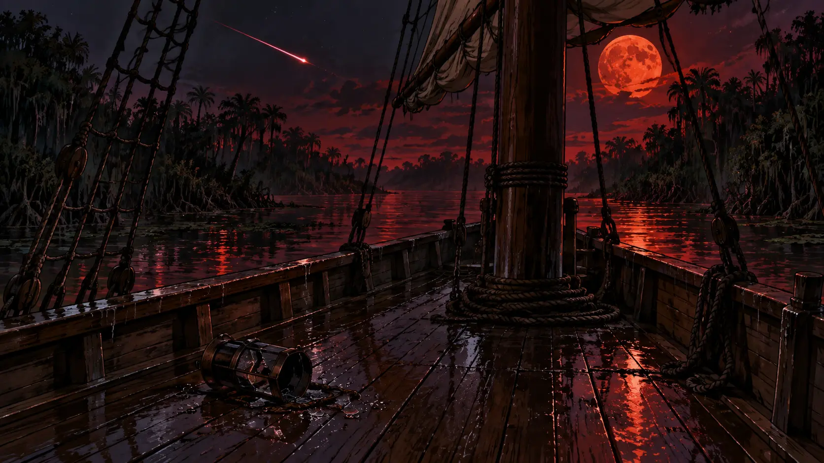 Provisional MarshSwamp aftermath · no people depicted Provisional MarshSwamp aftermath study: an empty wet ship deck with mast, sail, rigging, one overturned broken barrel, swamp banks, a red streaking star, and an orange moon; Captain Swift, the party, Red Wizard, goblins, red eyes, combat, casualties, and definitive ship design are not depicted