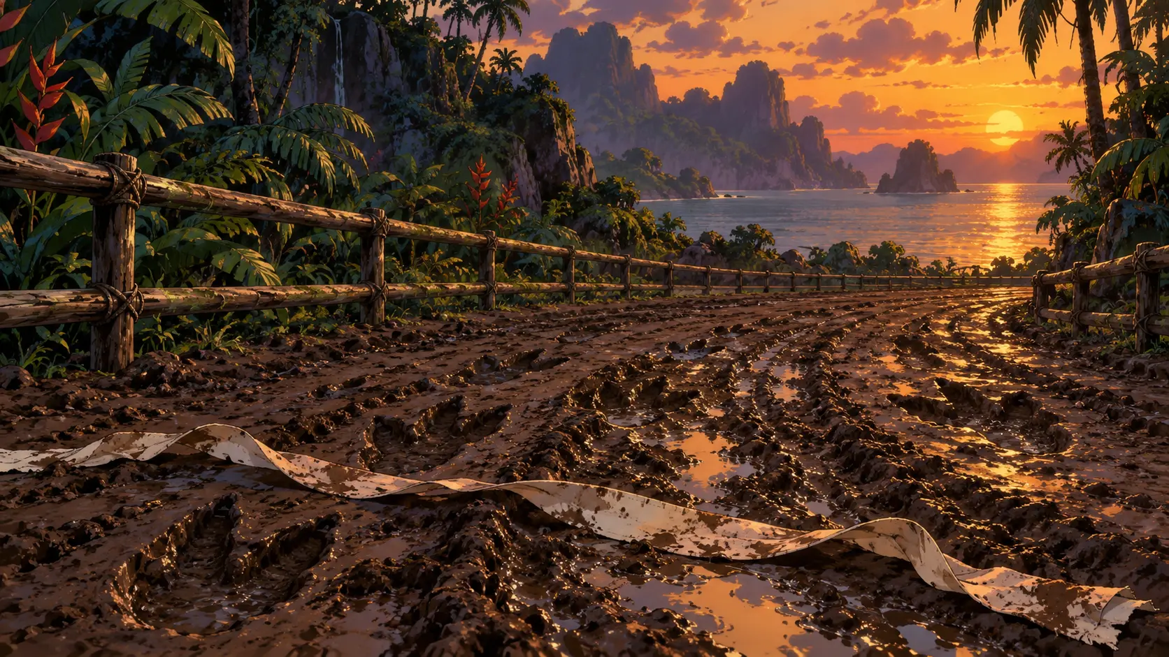 Provisional race aftermath · no people or creatures depicted Provisional Port Xibalba race aftermath study: an empty muddy track with deep ruts, puddles, split-rail fencing, and one pale cloth strip; Rhalzar, dinosaurs, riders, spectators, race action, and definitive track or mount design are not depicted