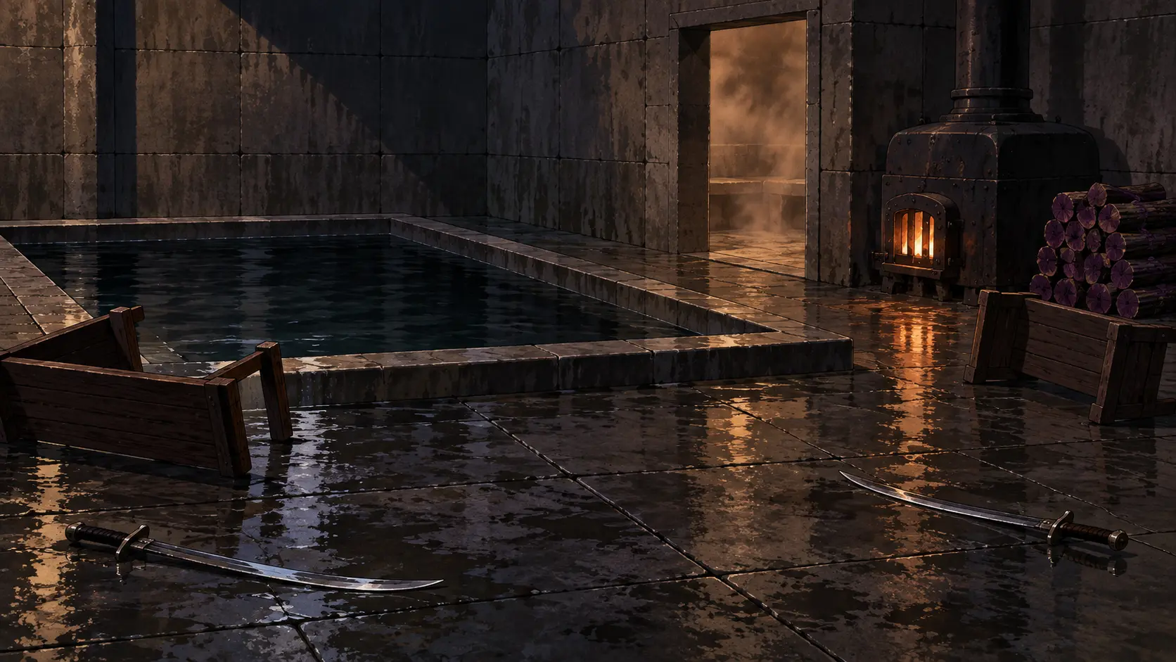 Provisional illustration · Bathhouse setting Provisional Session 7 bathhouse study: a person-free stone pool room with a lit stove, stacked purple logs, two curved swords, two wooden structures, a wet floor, and an open doorway; exact architecture, furnishings, weapon designs, wood appearance, lighting, and post-fight placement are unconfirmed