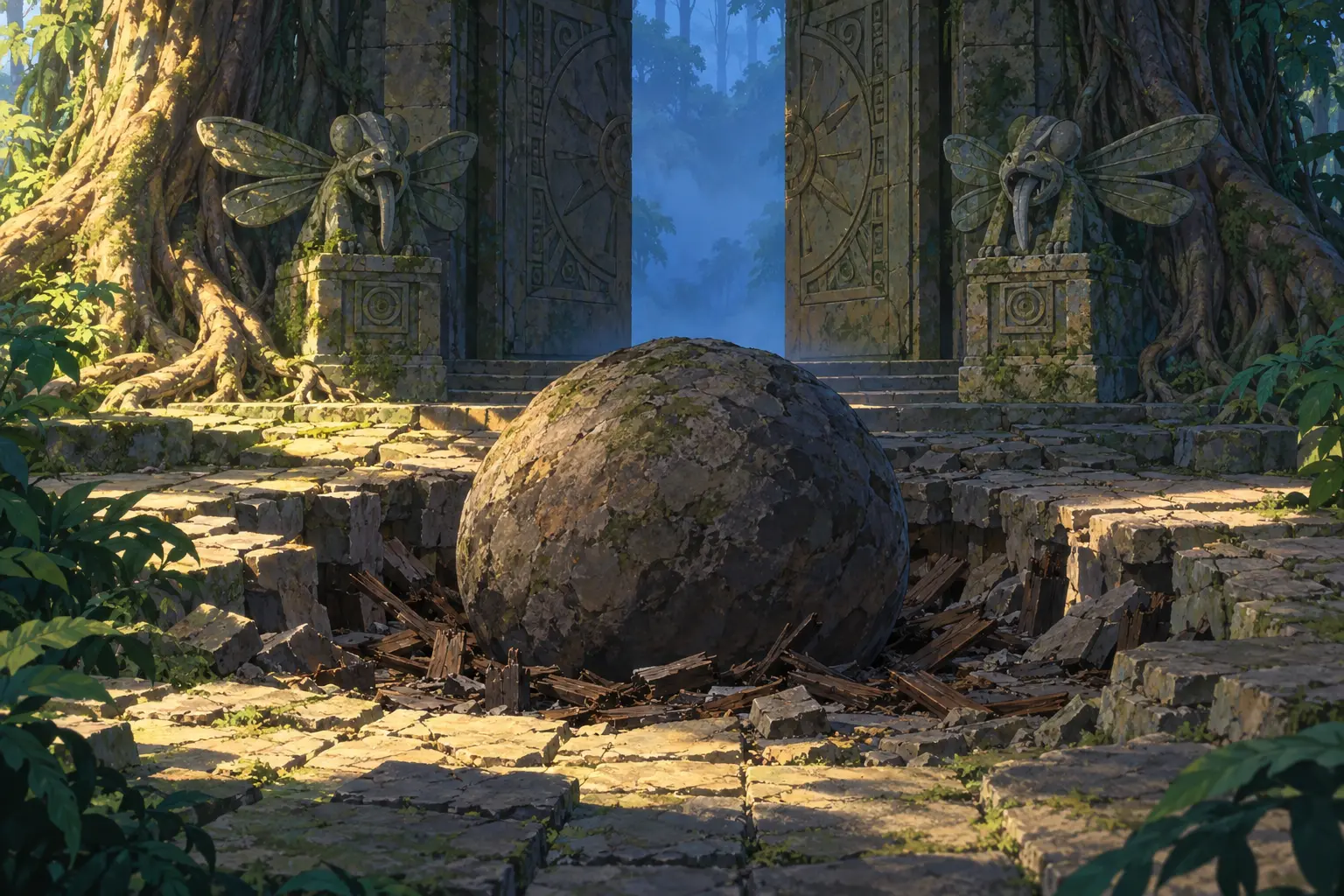 Escape from the Temple of Cayochan The party escapes the Temple of Cayochan through jungle ruins and glowing mist
