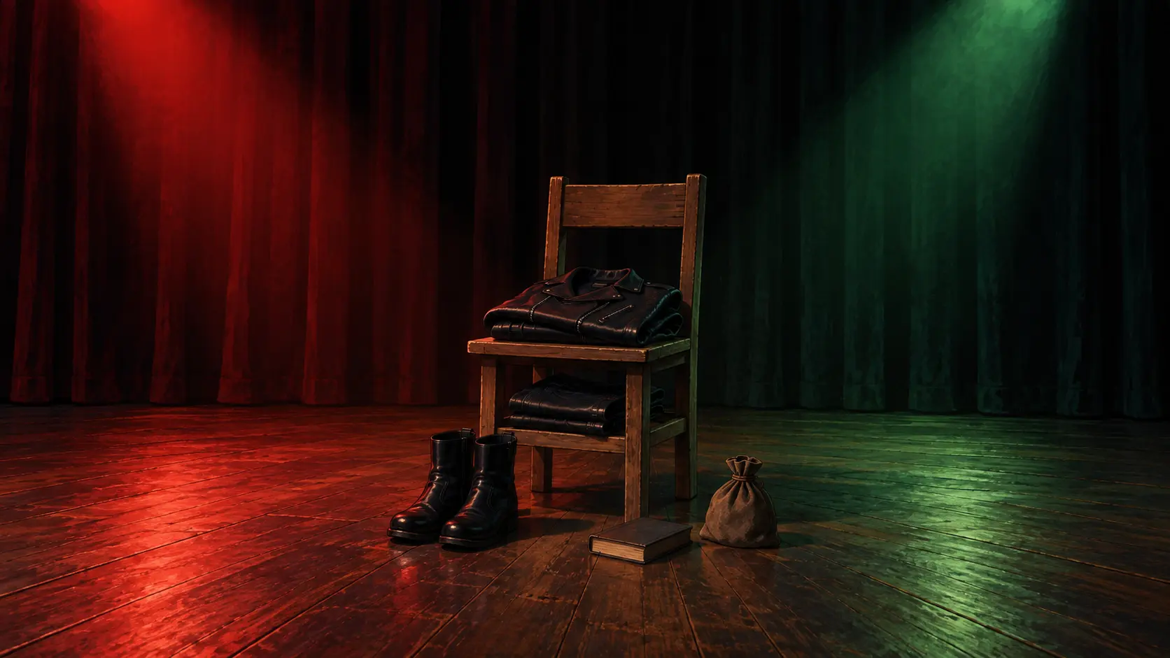 Provisional Summer prop scene — color continuity pending DM confirmation Provisional prop scene: tiny black leathers, boots, book, and pouch beneath red and green stage lights; Summer remains off-frame